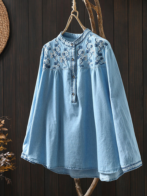 Women Spring Ethnic Embroidery 100%Cotton Denim Shirt