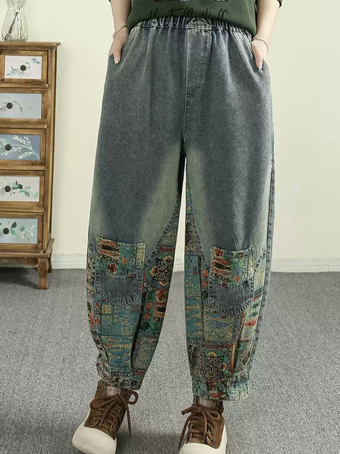 Women Spring Retro Patch Spliced Harem Denim Pants