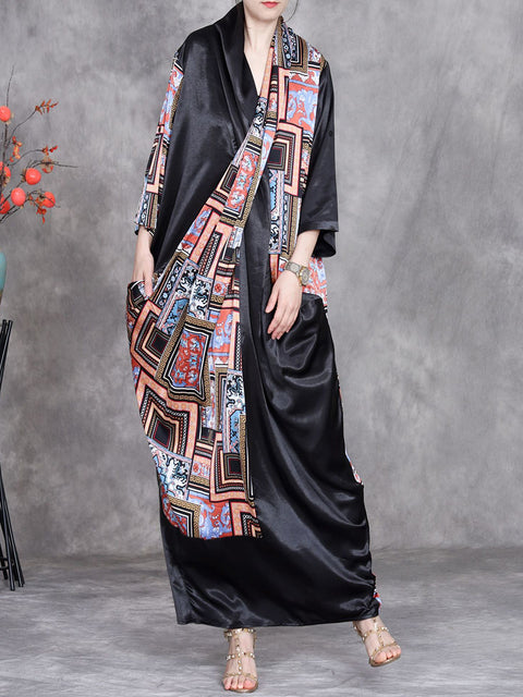 Women Summer Retro Spliced V-Neck Maxi Dress