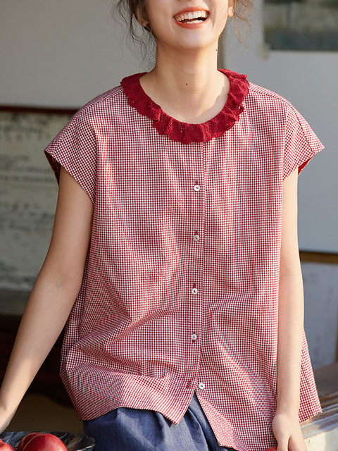 Women Summer Plaid Lace Collar 100%Cotton Shirt