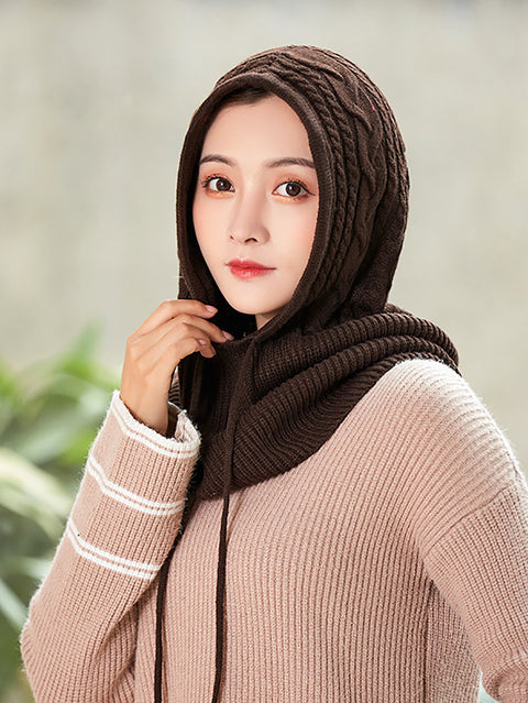 Women Winter Solid Knit Warm Wool Scarf Hat