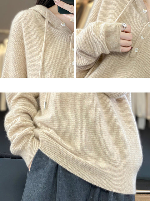 Women Autumn Soft Solid Knit 100%Wool Hooded Sweater