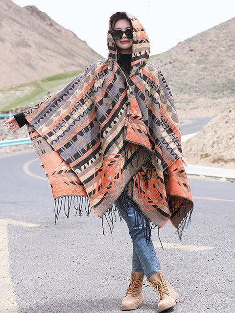 Women Bohemia Warm Rhomboids Tassel Hooded Shawl