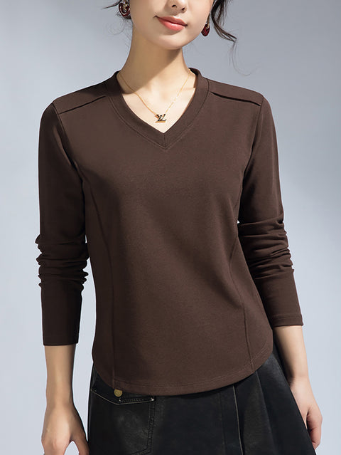 Women Spring Casual V-Neck Pure Color Blouse