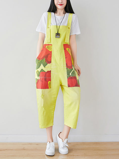 Women Summer Artsy Flower Patch Spliced Pocket Denim Jumpsuits