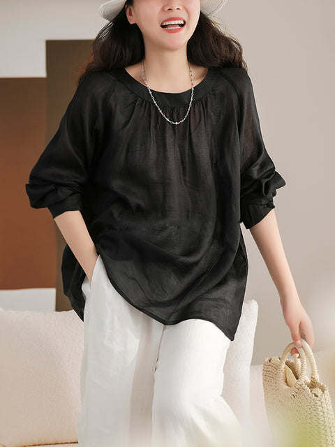 Plus Size Women Summer Solid Vintage Full Sleeve Ramie Shirt