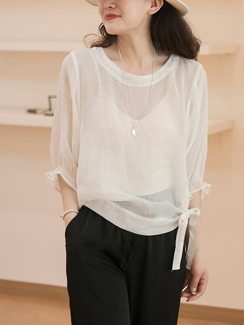 Women Casual Solid Summer Lacework Sleeve Drawstring Shirt