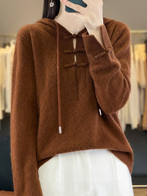 Women Autumn Soft Hollow Out Knit 100%Wool Hooded Sweater