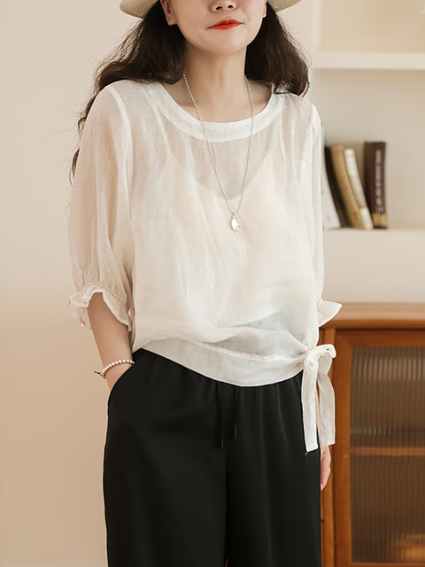 Women Casual Solid Summer Lacework Sleeve Drawstring Shirt