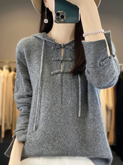 Women Autumn Soft Hollow Out Knit 100%Wool Hooded Sweater