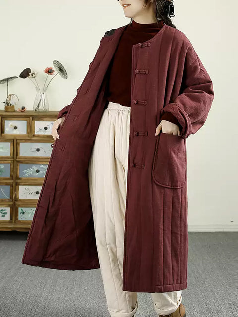 Women Ethnic Autumn Solid Cotton Padded Long Coat