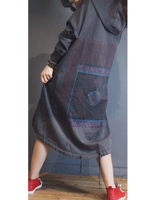 Women Ethnic Autumn Flower Hooded Cotton Dress