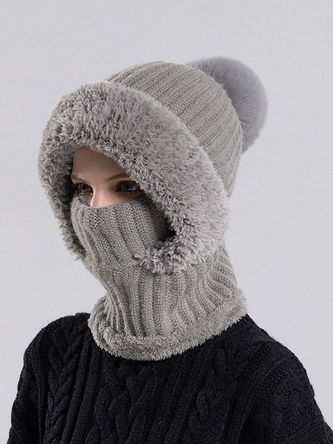 Women Winter Warm Knitted Plush Scarf Hat