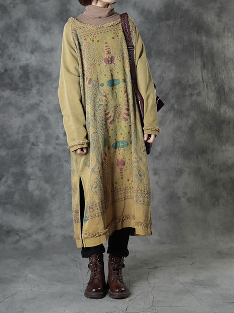 Women Autumn Ethnic Print O-Neck Loose Cotton Dress