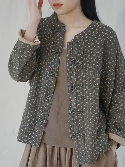 Women Ethnic Autumn Floral Button-up Cotton Coat