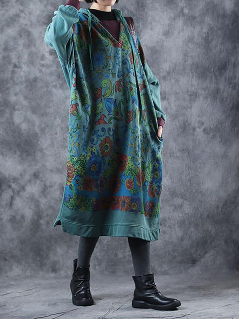 Women Artsy Flower Spring Hooded Cotton Dress