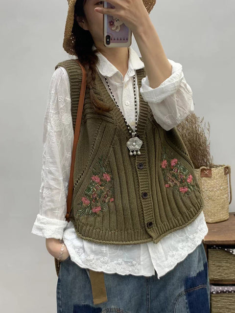 Women Vintage Floral Embroidery V-neck Knitted Vest