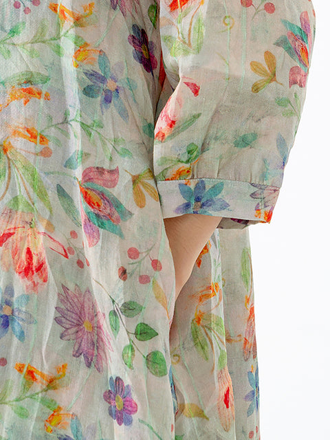 Plus Size Floral Leaf Breasted Split Mid-Length Shirt