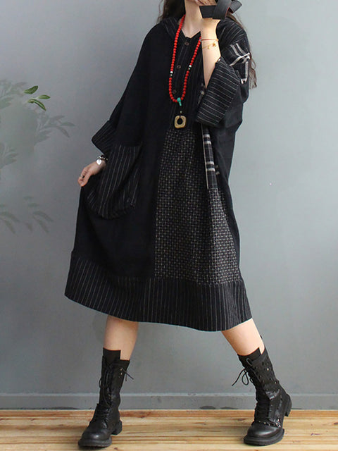 Plus Size Retro Plaid Big Pocket Hooded Dress