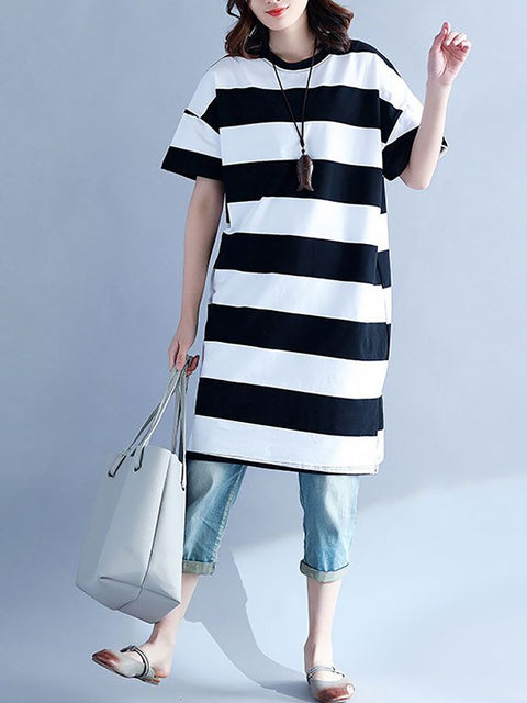 Plus Size Women Casual Striped O-Neck Short Sleeve Loose Dress