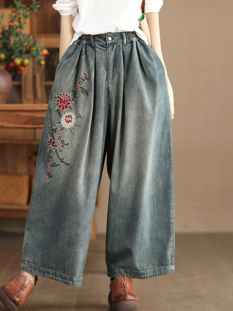 Women Spring Vintage Flower Embroidery Denim Pants