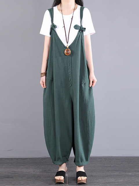 Plus Size נשים Vintage Knot V-Neck Ramie Loose Jumpsuits