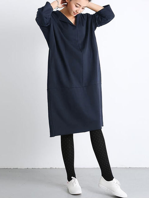 Plus Size Women Casual Pure Color Loose Pocket Hooded Dress