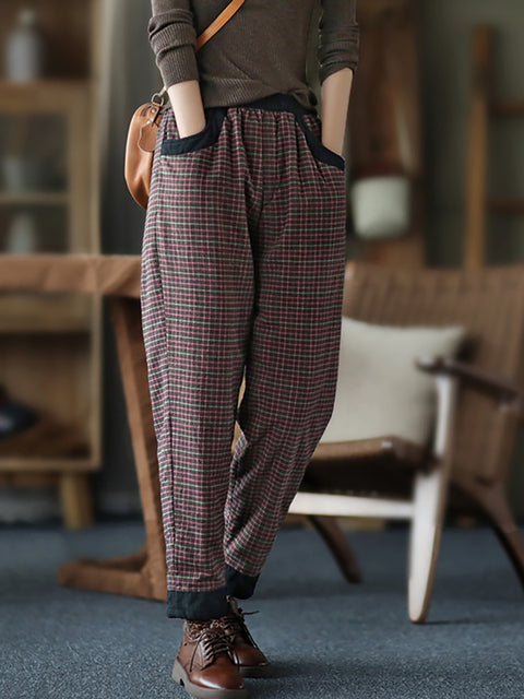 Plus Size Women Cotton Linen Plaid Elastic Waist Pants