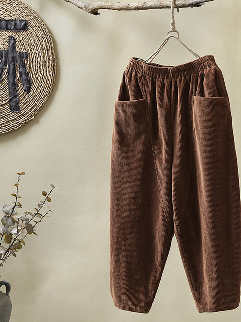 Plus Size - Elastic Waist Corduroy Cotton Handmade Pants