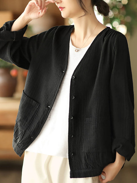 Women Solid Casual Pocket Button Loose Shirt Coat