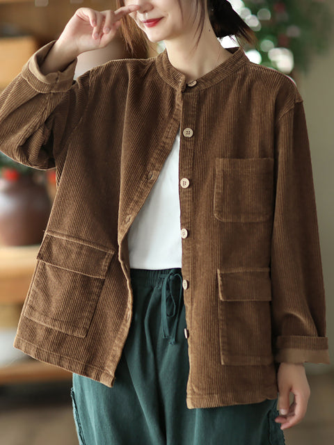 Plus Size Women Solid Vintage Cotton Corduroy Coat