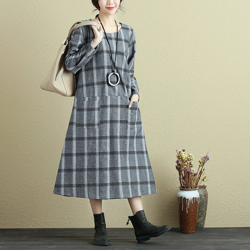 Round Neck Loose Casual Plaid Autumn Dress For Women - Buykud