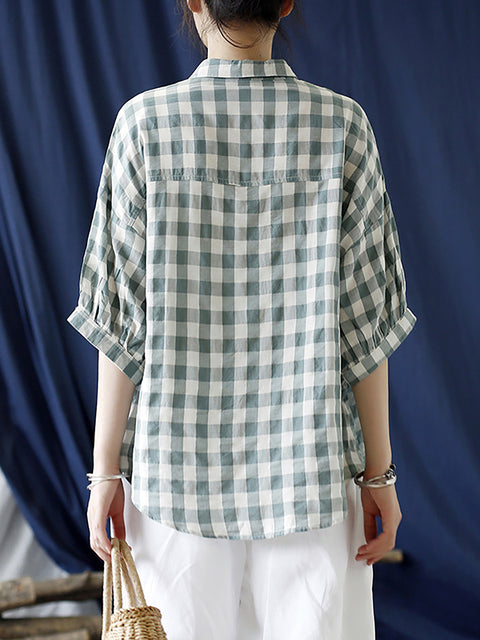 Plus Size Linen Summer Plaid Vintage Women Loose Shirt