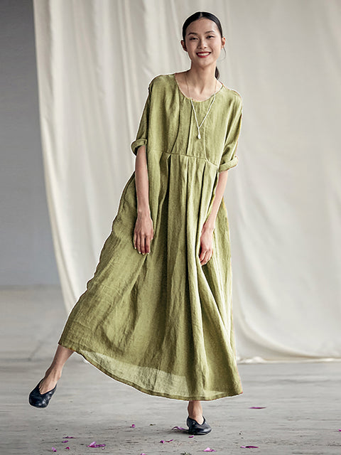 Plus Size Chinese Style Elegant Pleated Loose Linen Dress