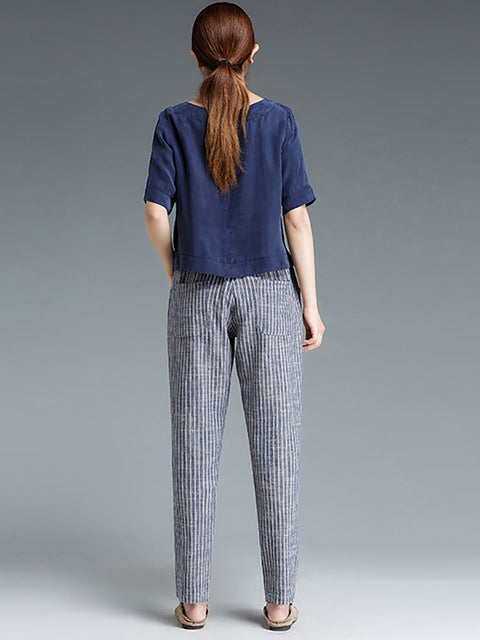 Plus Size Buykud Stripe Cotton Linen Women Pants