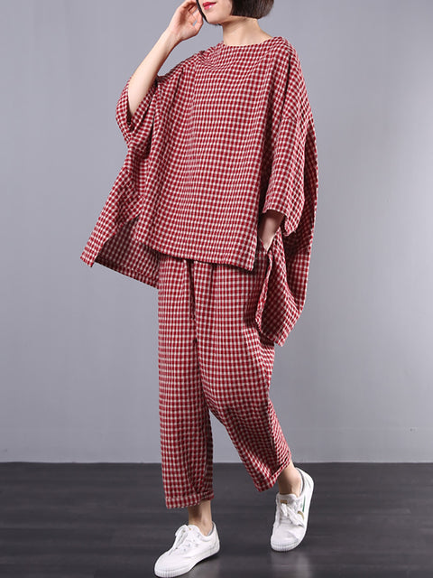 Plus Size Cotton Linen Plaid Retro Blouse And Pants