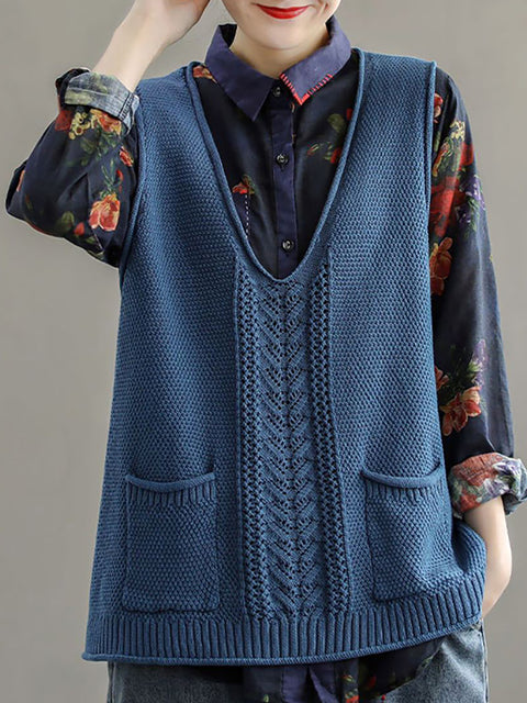 Plus Size - Women Pocket Knitted Hollow Sweater Vest