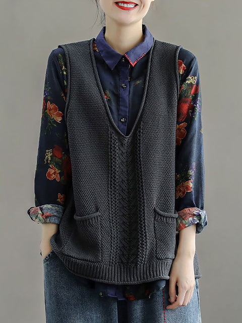 Plus Size - Women Pocket Knitted Hollow Sweater Vest