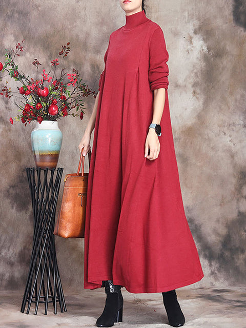 Plus Size Women Pure Color Knitted High Neckline Dress