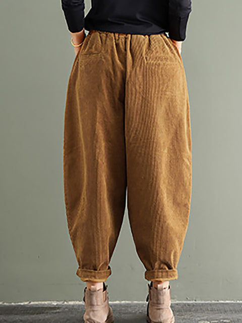 Plus Size - Elastic Waist Corduroy Cotton Handmade Pants