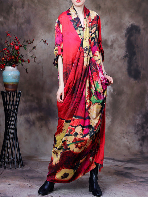 Plus Size -Drape Floral Vintage נשים שמלת מקסי רטרו