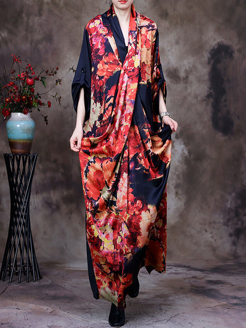 Plus Size -Drape Floral Vintage נשים שמלת מקסי רטרו