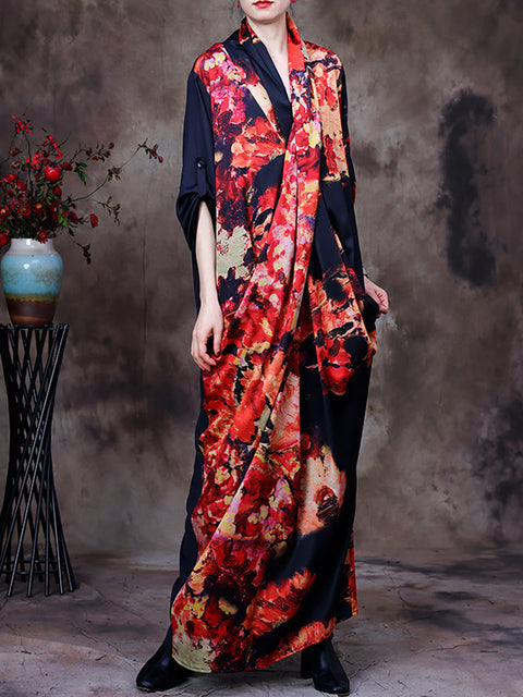 Plus Size -Drape Floral Vintage נשים שמלת מקסי רטרו