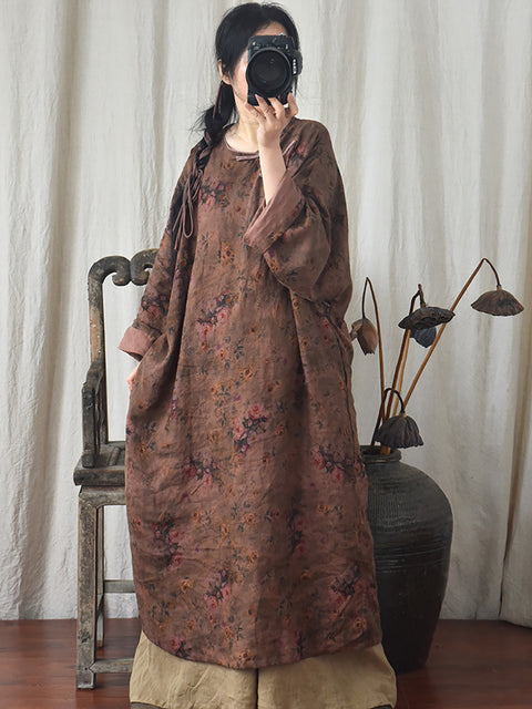 Plus Size Floral Autumn Vintage Linen Women Loose Dress