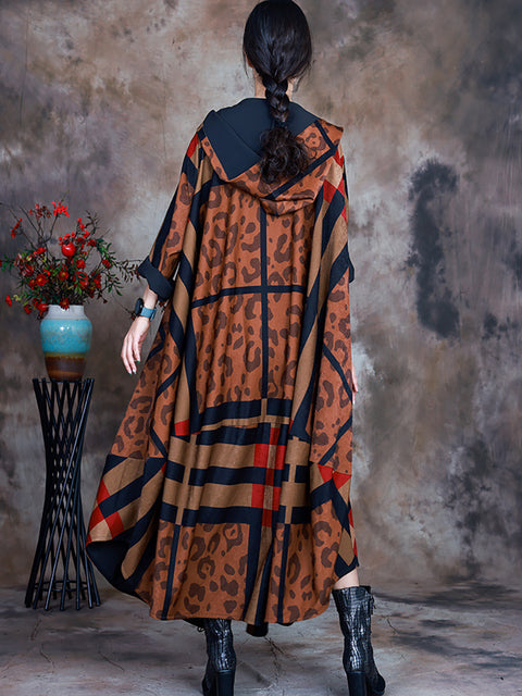 Women Hooded Irregular Print Coat