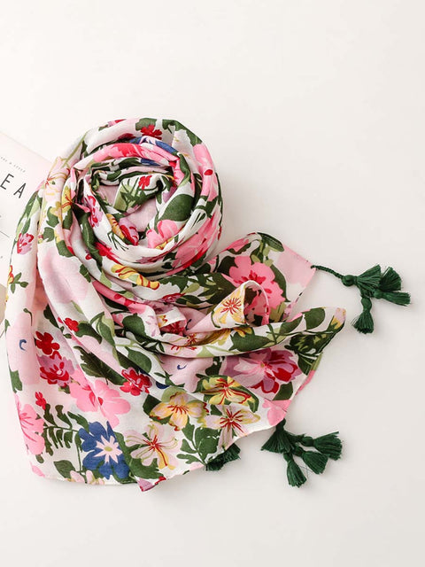 Plant Floral Print Sunscreen Tassel Shawl Scarf