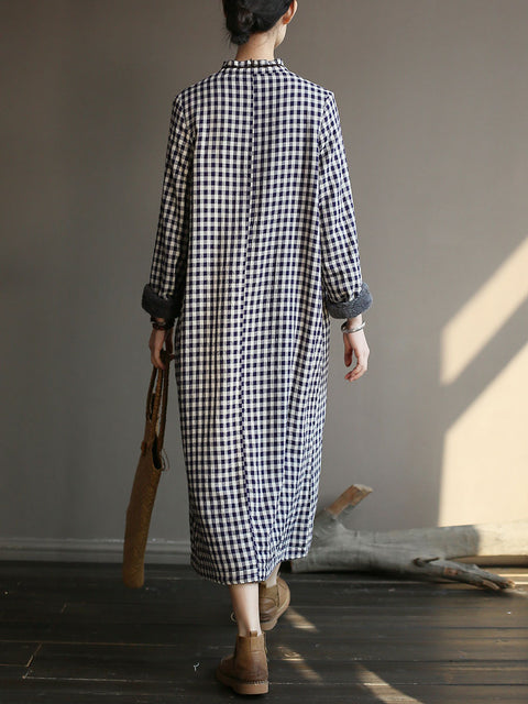 Chinese Style Women Winter Frog Thick Plaid Robe Dress