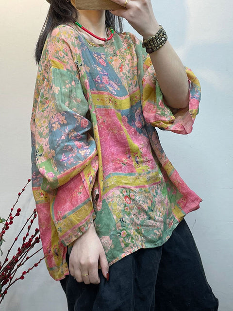 Plus Size Women Spring Vintage Floral Print Loose Thin Shirt