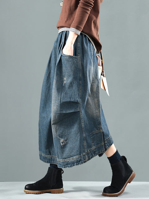 Women Retro Fade Pocket Elastic Waist Denim Skirt