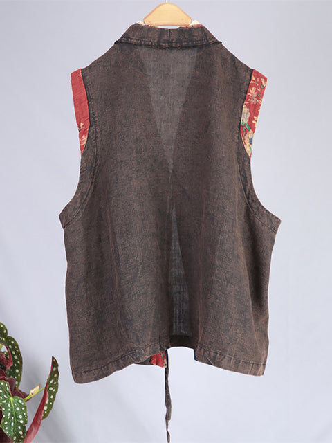 Women Spring Retro Spliced Drawstring Loose Vest